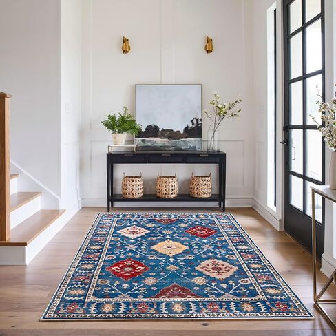 Area Rug 6x9 Washable Rug for Living Room, Large Low Pile Print Vintage Rug Non-Slip Stain Resistant Floral Carpet, Indoor Distressed Retro Floor Rug for Bedroom Dining Room Office, Green in Saudi Arabia