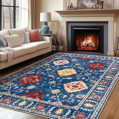 Area Rug 6x9 Washable Rug for Living Room, Large Low Pile Print Vintage Rug Non-Slip Stain Resistant Floral Carpet, Indoor Distressed Retro Floor Rug for Bedroom Dining Room Office, Green in Saudi Arabia