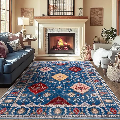 Area Rug 6x9 Washable Rug for Living Room, Large Low Pile Print Vintage Rug Non-Slip Stain Resistant Floral Carpet, Indoor Distressed Retro Floor Rug for Bedroom Dining Room Office, Green in Saudi Arabia