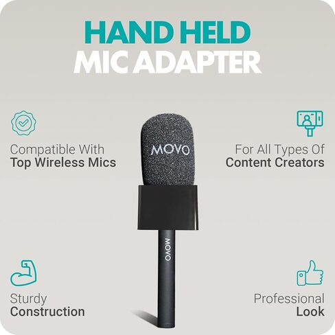 محول ميكروفون Movo WMX-HM اللاسلكي للمقابلات - متوافق مع ميكروفون DJI، Rode Wireless GO، Hollyland Lark، والمزيد - يعمل مع أنظمة لاسلكية صغيرة وWMX-2 - حامل ميكروفون محمول باليد in Kuwait