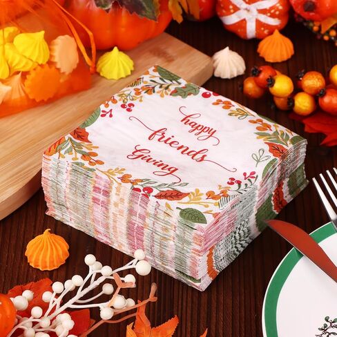 100 Pack Friendsgiving Napkins 5 x 5in Autun Leaves Disposable Paper Napkins Thanksgiving Fingertip Napkins for Happy Friendsgiving Fall Harvest Party Dinners Decorations in Kuwait