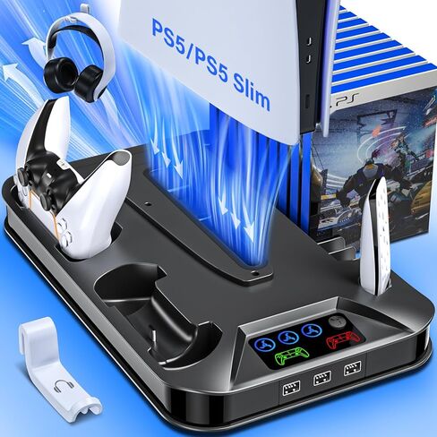 محطة تبريد رفيعة PS5/PS5 مع محطة شحن وحدة تحكم لجهاز Playstation 5 Slim&Standard Disc/وحدة التحكم الرقمية، ملحقات تبريد حامل PS5 رفيعة بما في ذلك مروحة تبريد/3 محاور USB/حامل سماعة الرأس/برغي in Kuwait