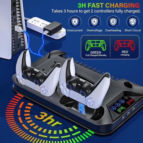 محطة تبريد رفيعة PS5/PS5 مع محطة شحن وحدة تحكم لجهاز Playstation 5 Slim&Standard Disc/وحدة التحكم الرقمية، ملحقات تبريد حامل PS5 رفيعة بما في ذلك مروحة تبريد/3 محاور USB/حامل سماعة الرأس/برغي in Kuwait