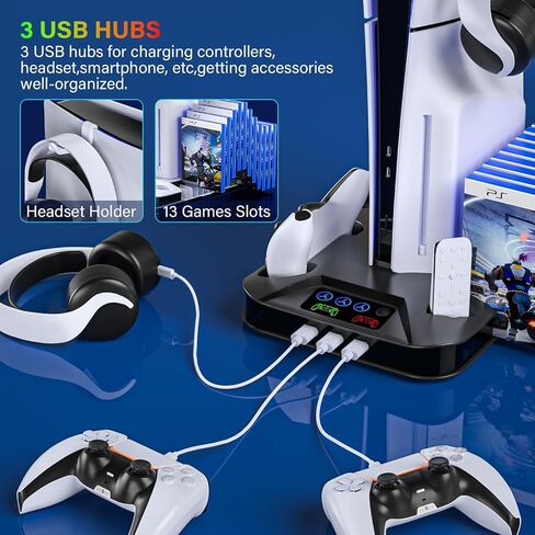 محطة تبريد رفيعة PS5/PS5 مع محطة شحن وحدة تحكم لجهاز Playstation 5 Slim&Standard Disc/وحدة التحكم الرقمية، ملحقات تبريد حامل PS5 رفيعة بما في ذلك مروحة تبريد/3 محاور USB/حامل سماعة الرأس/برغي in Kuwait