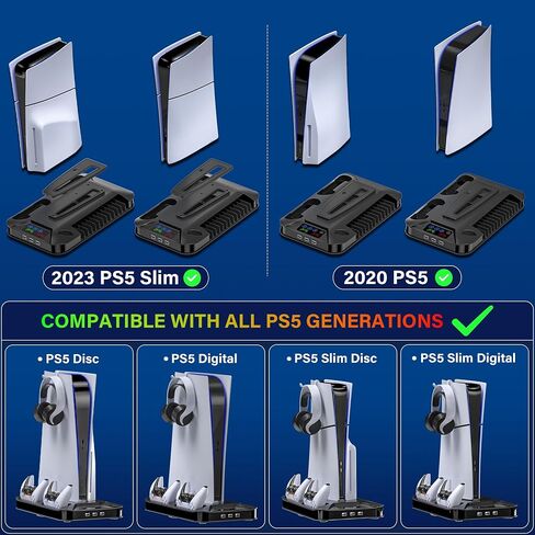 محطة تبريد رفيعة PS5/PS5 مع محطة شحن وحدة تحكم لجهاز Playstation 5 Slim&Standard Disc/وحدة التحكم الرقمية، ملحقات تبريد حامل PS5 رفيعة بما في ذلك مروحة تبريد/3 محاور USB/حامل سماعة الرأس/برغي in Kuwait