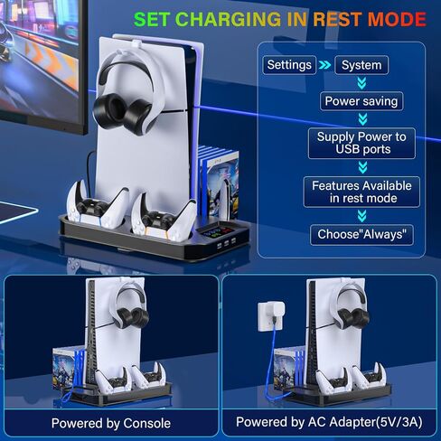 محطة تبريد رفيعة PS5/PS5 مع محطة شحن وحدة تحكم لجهاز Playstation 5 Slim&Standard Disc/وحدة التحكم الرقمية، ملحقات تبريد حامل PS5 رفيعة بما في ذلك مروحة تبريد/3 محاور USB/حامل سماعة الرأس/برغي in Kuwait