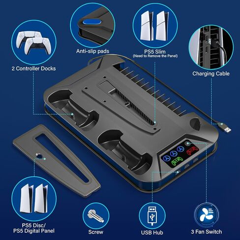 محطة تبريد رفيعة PS5/PS5 مع محطة شحن وحدة تحكم لجهاز Playstation 5 Slim&Standard Disc/وحدة التحكم الرقمية، ملحقات تبريد حامل PS5 رفيعة بما في ذلك مروحة تبريد/3 محاور USB/حامل سماعة الرأس/برغي in Kuwait