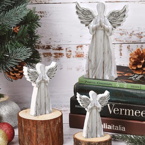 3 Pcs Wooden Christmas Angel Figurines Rustic Angel Statues Religious Angel Table Centerpieces Decorations Farmhouse Christmas Desk Tiered Tray for Christmas Ornament Holiday Party Home Decor in Saudi Arabia