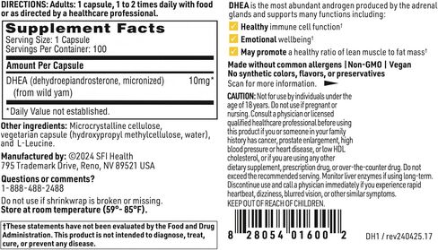 Klaire Labs DHEA 10mg - Dehydroepiandrosterone Derived from Wild Yam - Micronized for Superior Absorption - Soy-Free, Hypoallergenic Supplement for Men & Women (100 Capsules) in Saudi Arabia