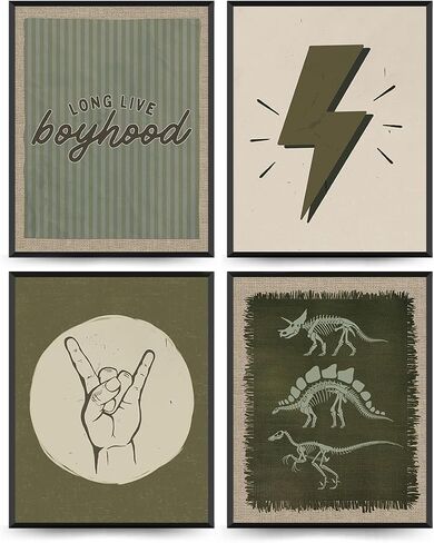 Wheatwin Playroom Decor, Long Live Boyhood Wall Art Prints Set of 4, Boy Room Decor, Sage Green Dinosaur Playroom Boy Nursery Decor, 8x10 (Unframed) in Kuwait