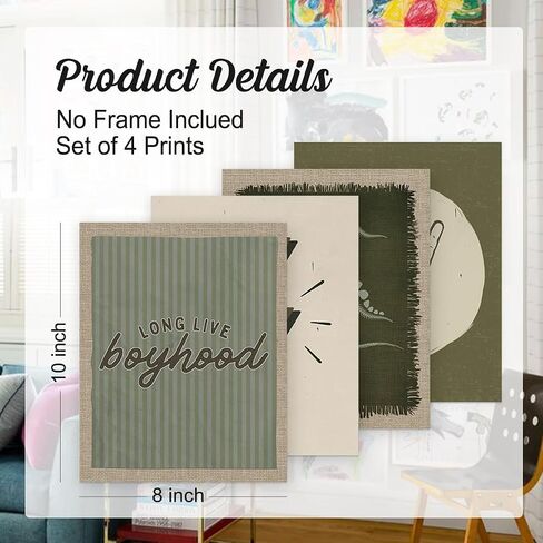 Wheatwin Playroom Decor, Long Live Boyhood Wall Art Prints Set of 4, Boy Room Decor, Sage Green Dinosaur Playroom Boy Nursery Decor, 8x10 (Unframed) in Kuwait