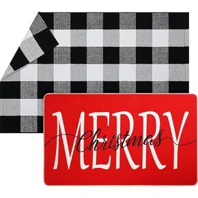 Geelin 2 Pcs Christmas Door Mat Outdoor Merry Christmas Front Door Mats Buffalo Checkered Rug (30'' x 18'' and 43'' x 27.5'') for Home Entrance Indoor Outdoor Decorative Coir Rugs