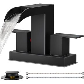 FORIOUS Waterfall Black Bathroom Faucets, Two Handle Bathroom Sink Faucet with Pop Up Dain and Supply Lines, 4'' Centerset Bathroom Faucet 3 Hole Matte Black Bathroom Vanity Faucet