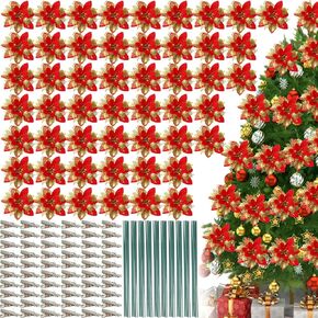 Lyrow 60 Pcs 6 Inch Christmas Glitter Poinsettia Flowers Decorations with Clips and Stems Christmas Tree Ornaments Artificial Poinsettia for Xmas DIY Wreath Crafts Party Decor(Red with Gold)