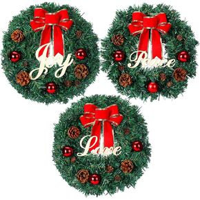 Dingion 3 Pcs 12 Inch Christmas Wreath for Front Door with Wooden Words Mini Artificial Christmas Wreath with Red Bow Pine Cones Christmas Balls for Xmas Holiday Window Wall Indoor Outdoor Decorations