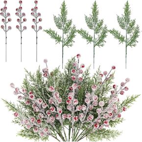 24Pcs Christmas Artificial Faux Cedar Branches and Holly Berries Set, Fake Snowy Pine Picks Artificial Berry Stems for Christmas Garland Wreath DIY Crafts Embellishing Home Decor (White berry, 24)