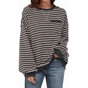 TARSE Oversized Crewneck Sweatshirt for Women Dropped Shoulders Striped Shirt Plain Pullover Loose Long Sleeve Tops