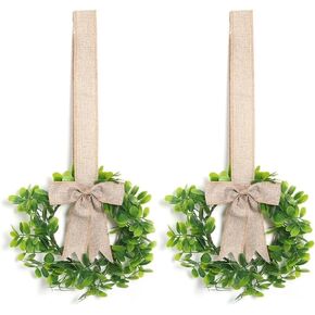 2 9-inch Mini Eucalyptus Wreath Front Door Small Wreath Green Artificial Wreath Summer Spring Farmhouse Porch Wall Window Green Decoration (Coarse Linen Cloth)