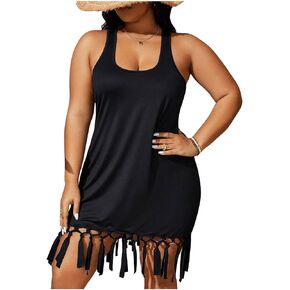 Women's Plus Size Fringed Hem Sleeveless Cover Up Dress Summer Solid Tank Beach Dresses in Kuwait