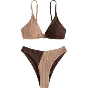 GORGLITTER Women's High Waisted Thong Swimsuit Colorblock Ring Bikini Set Ribbed Knit Bathing Suit