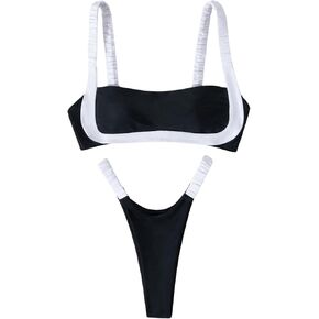 WDIRARA Women's Color Block Square Neck Swimsuit Two Piece Bikini Set High Cut Bathing Suit