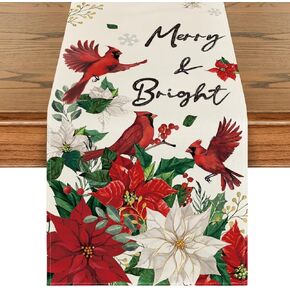 Artoid Mode Poinsettia Birds Snowflake Merry Christmas Table Runner, Seasonal Winter Floral Kitchen Dining Table Decoration for Home Party Decor 13x48 Inch