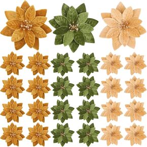 24 Pcs Christmas Velvet Poinsettia Flowers Artificial 6'' Xmas Velvet Flowers with Faux Picks DIY Christmas Tree Wreath Ornaments for Home New Year Party Decoration Supply(Elegant Color)
