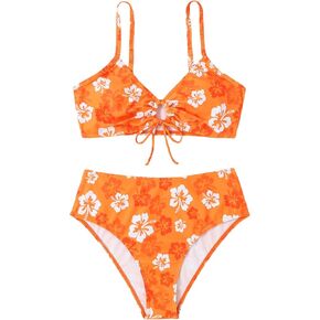 Milumia Women's 2 Piece Allover Floral Print Bikini Set Drawstring Spaghetti Strap Swimwear