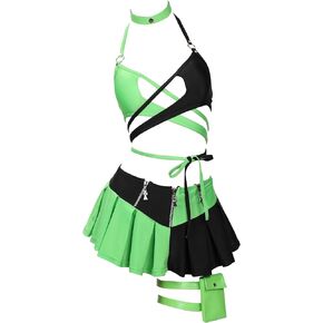 MEOWCOS Gothic Black Green Spliced Halter Bra and Bottom Bathing Suit with Long Sleeve Top Skirt and Choker