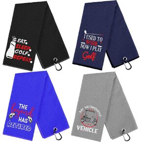 4 Pcs Funny Golf Towel Embroidered Golf Towels for Golf Bags with Clip Golf Gifts for Golf Fan Men Women Birthday Retirement Gifts(Pink, Blue, Black, Gray,Cute Style)