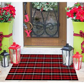 Christmas Outdoor Layered Doormat 24"x35",Red and White Checked Front Porch Rug Cotton Buffalo Plaid Rug Washable Doormats Indoor Outdoor Rugs for Porch Entryway