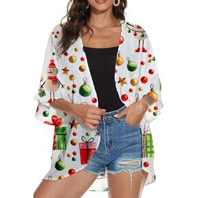 Women's Holidays Floral Print Puff Sheer Chiffon Kimono Cardigan Capes Loose Coverup Shawl Wraps Casual Blouse Tops