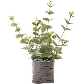 Small Fake Plants 16 Inch Eucalyptus Stems Artificial Plant in Offwhite Leather Woven Planter with Polished River Rocks Evergreen Faux Plant Indoor for Home Bathroom Kitchen Decor