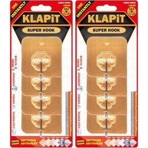 KLAPiT Super Hook - Heavy-Duty Adhesive Gold Wall Hooks, Holds Up to 11 lbs, Waterproof, No Damage, Easy Install on Tile, Wood, Stone, Glass & Metal - Made of Steel