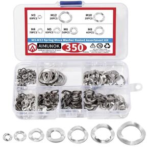 350PCS Spring Wave Washer Gasket Assortment Kit, M3 M4 M5 M6 M8 M10 M12 Wavy Wave Crinkle Spring Washers Sets, 304 Stainless Steel Metric Wave Spring Washer for Screw Bolt.