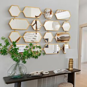 47" x 32" Large Living Room Mirror for Decor, Gold Wall Decor with Acrylic Mirror and Metal Frame, Hexagonal Decorative Wall Mirror for Bedroom, Entrance Decor