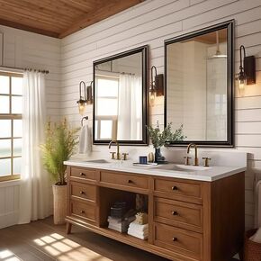 PexFix 40 X 30 Inch Brown Wall Mirrors for Bathroom， Aluminum Alloy Multi-Level Metal Framed Rectangle Wall Mirrors， Tempered Glass Home Decor Corner Hangs Farmhouse Mirror