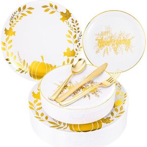 Ciaell 125PCS Thanksgiving Plastic Plates - White and Gold Plastic Plates & Gold Plastic Silverware include 25 Pumpkin Plates, 25 Fall Plates, 25Knives, 25Forks, 25Spoons for Thanksgiving & Party