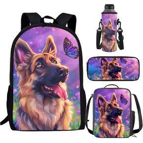 German Shepherd Backpack and Lunch Bag Set for Girls 6-8/8-10/10-12 Dog Kids Bookbag with Lunch Box Butterfly Elementary School Book Bag Lunchbag Pencil Case Student Schoolbag Back Pack