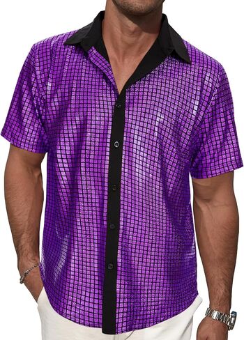 Mens 70s Disco Shirt Metallic Sequin Short Sleeve Vintage Outfits Button Down Shirts Nightclub Party Tops in Saudi Arabia