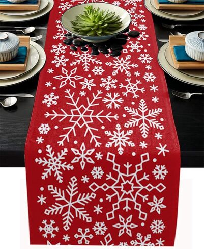 Libaoge عيد الميلاد ندفة الثلج مفرش طاولة عيد الميلاد الأحمر الخيش الجدول العداءين لديكور المنزل الحرف اليدوية للعشاء العائلي والحفلات وعيد الشكر وعيد الميلاد والتجمع 13 × 108 بوصة in Kuwait