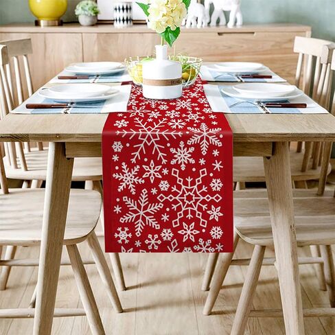 Libaoge عيد الميلاد ندفة الثلج مفرش طاولة عيد الميلاد الأحمر الخيش الجدول العداءين لديكور المنزل الحرف اليدوية للعشاء العائلي والحفلات وعيد الشكر وعيد الميلاد والتجمع 13 × 108 بوصة in Kuwait