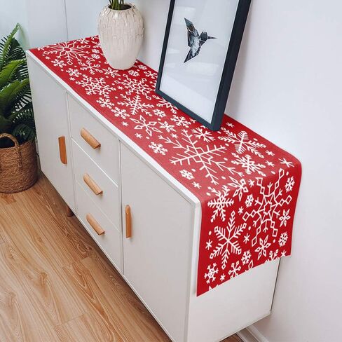 Libaoge عيد الميلاد ندفة الثلج مفرش طاولة عيد الميلاد الأحمر الخيش الجدول العداءين لديكور المنزل الحرف اليدوية للعشاء العائلي والحفلات وعيد الشكر وعيد الميلاد والتجمع 13 × 108 بوصة in Kuwait