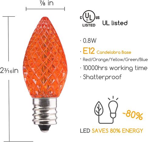 25 Pack C7 Led Replacement Christmas Light Bulb, C7 Shatterproof Led Bulbs for Christmas String Lights, E12 Candelabra Base, Commercial Grade Dimmable Holiday Bulbs, Warm White in Kuwait