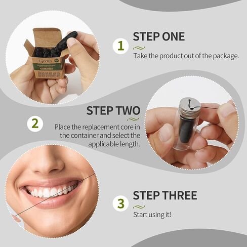 عبوات خيط تنظيف الأسنان المصنوعة من فحم الخيزران القابل للتحلل البيولوجي | إعادة ملء 6 عبوات | 6 × 30 م، نباتي، صديق للبيئة، العناية بالفم الطبيعية العضوية، صفر نفايات، خالي من البلاستيك، لم يتم الإساءة إلى الحيوانات لتصنيعه، مقاوم للتمزيق. in Kuwait