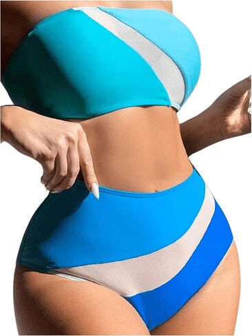 MakeMeChic Women's Two Piece Bandeau Swimsuit Colorblock Mesh High Waisted Bikini Sets in Saudi Arabia
