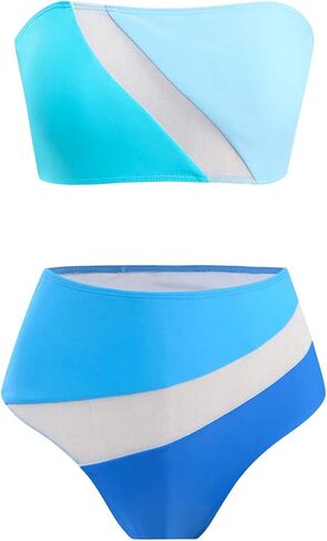 MakeMeChic Women's Two Piece Bandeau Swimsuit Colorblock Mesh High Waisted Bikini Sets in Saudi Arabia