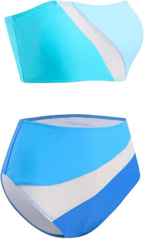 MakeMeChic Women's Two Piece Bandeau Swimsuit Colorblock Mesh High Waisted Bikini Sets in Saudi Arabia