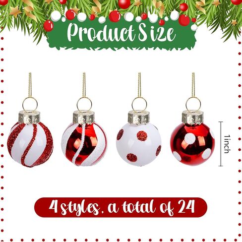 Watayo 24 Pcs Christmas Candy Balls Glass Ornaments- Mini Glass Candy Balls Hanging Ornament- Sweet Red White Candy Balls Ornaments for Christmas Tree Holiday Party Decoration in Kuwait