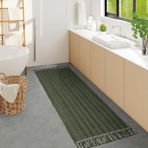 LEEVAN Runner Rug for Hallways, Washable Kitchen Runner Rug with Tassel Green 2'x 6' Runner Rugs, Woven Kitchen Runner Rug for Bedroom, Laundry, Bathroom in Saudi Arabia